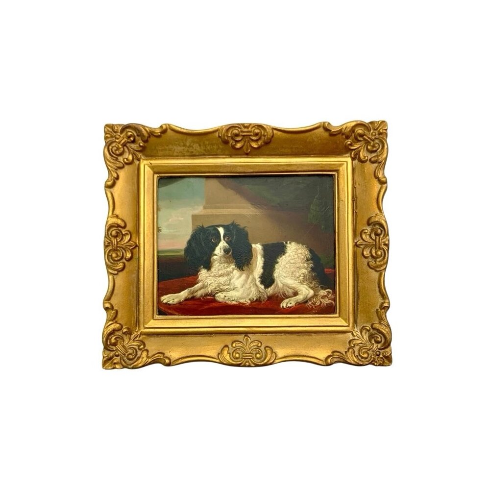 Dog Portrait Textured Print Black and White Spaniel Miniature Vintage Art
